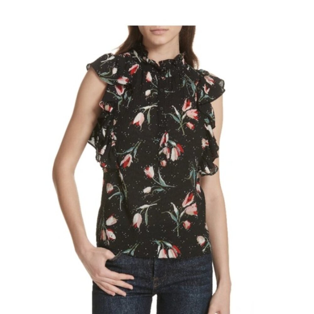 Rebecca Taylor Natalie Sleeveless Floral-print Silk Top Black Multi Size 8